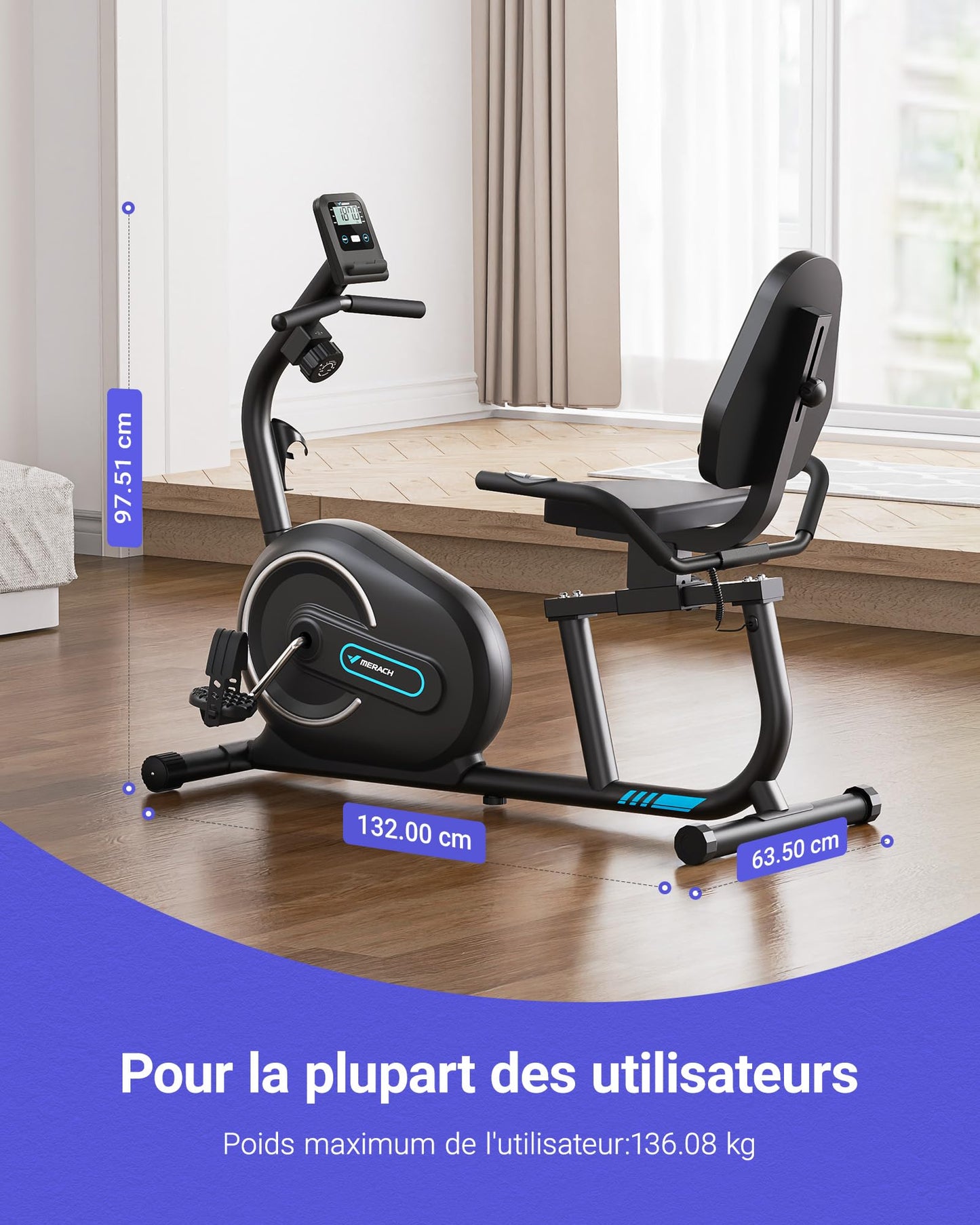 MERACH Vélo d'Appartement, Vélo Couché Magnétique avec 8 Niveaux de Résistance Réglables, Vélo de Fitness avec Écran LCD, Poignées de Fréquence Cardiaque, Capacité de Charge de 136 kg