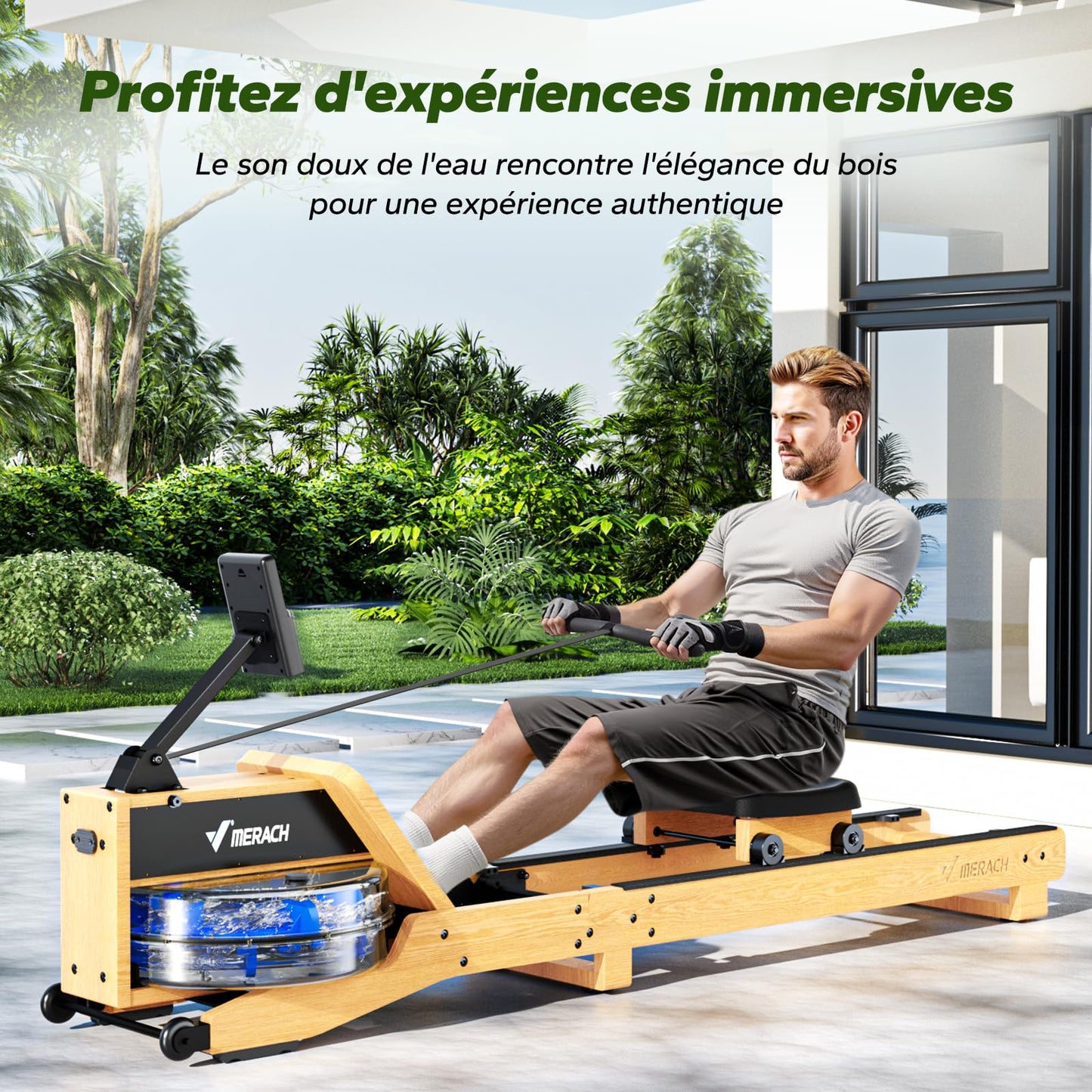 MERACH Rameur d'eau en Bois Pliable, Rameur d'appartement avec Matériau d'arbre en Caoutchouc et Siège Confortable, avec Une APP Exclusive avec Jeu Interactif, Expérience d'aviron Immersive