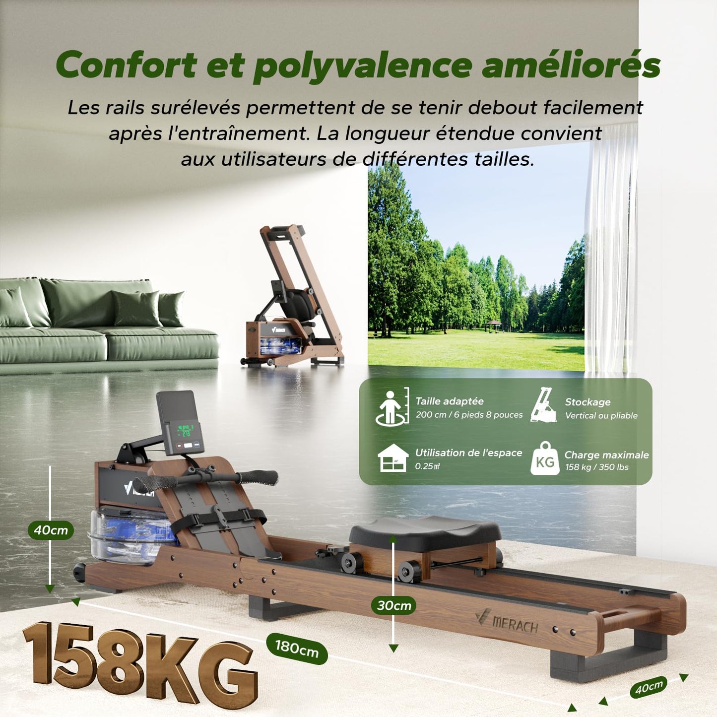 MERACH Rameur d'eau en Bois Pliable, Rameur d'appartement avec Matériau d'arbre en Caoutchouc et Siège Confortable, avec Une APP Exclusive avec Jeu Interactif, Expérience d'aviron Immersive