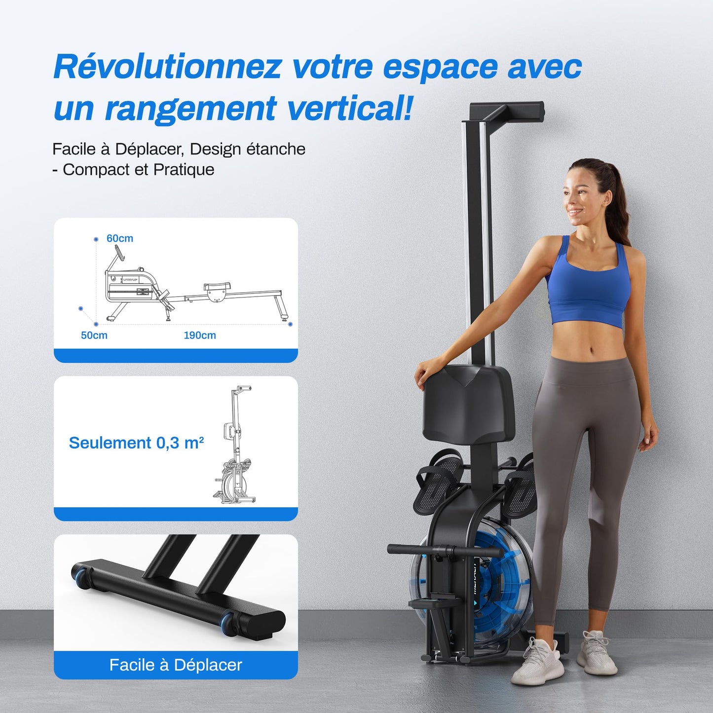 Rameur d'eau pour la maison, avec résistance à l'eau de 15 l, connectivité Bluetooth et application, support iPad, siège ergonomique, rangement vertical peu encombrant