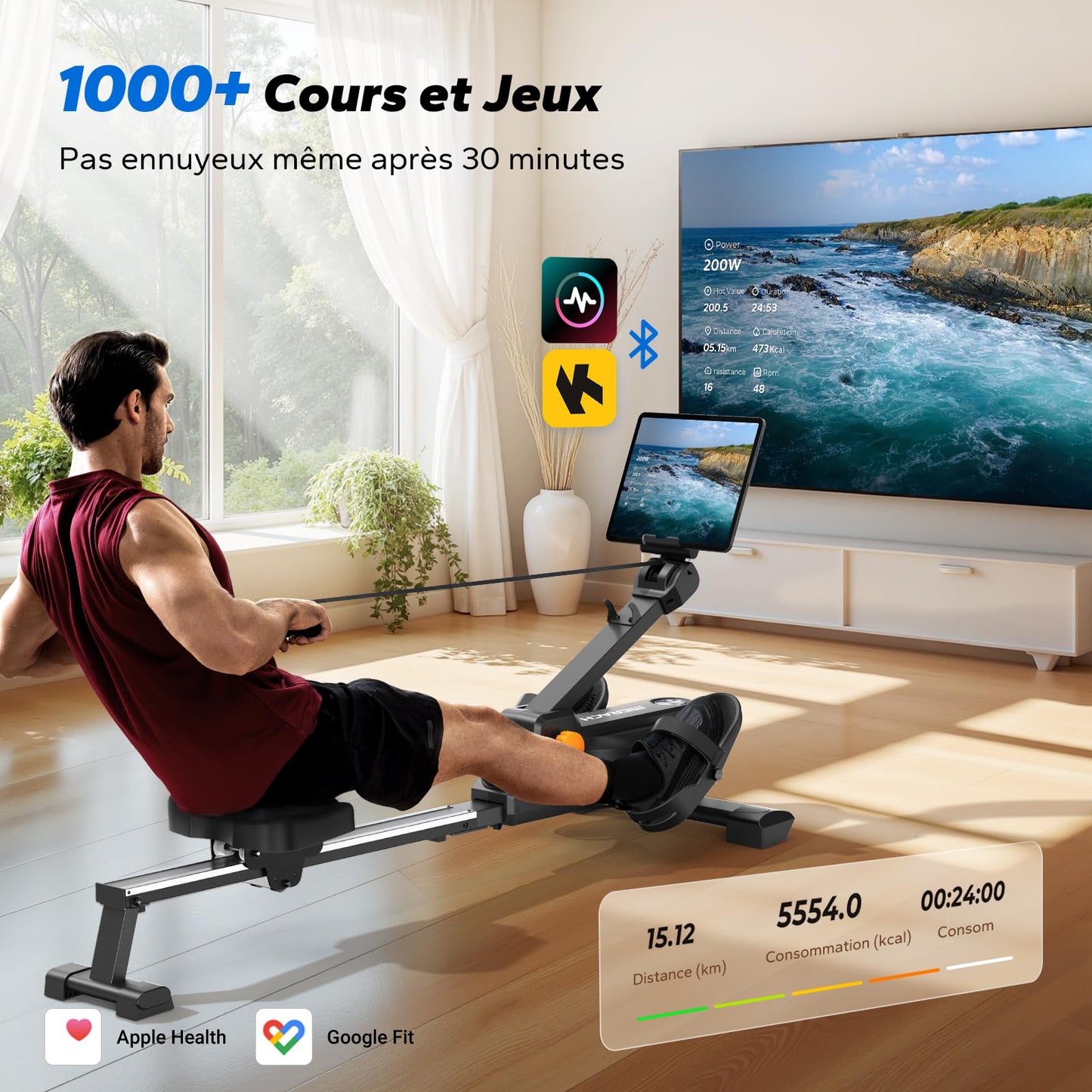 Rameur D'appartement avec Carte Interactive Exclusive de l' APP et Jeux, Apparence Semblable à Un Requin, Expérience de Rame Intense, Gain de Place, Adapté à L'entraînement du Corps Entier