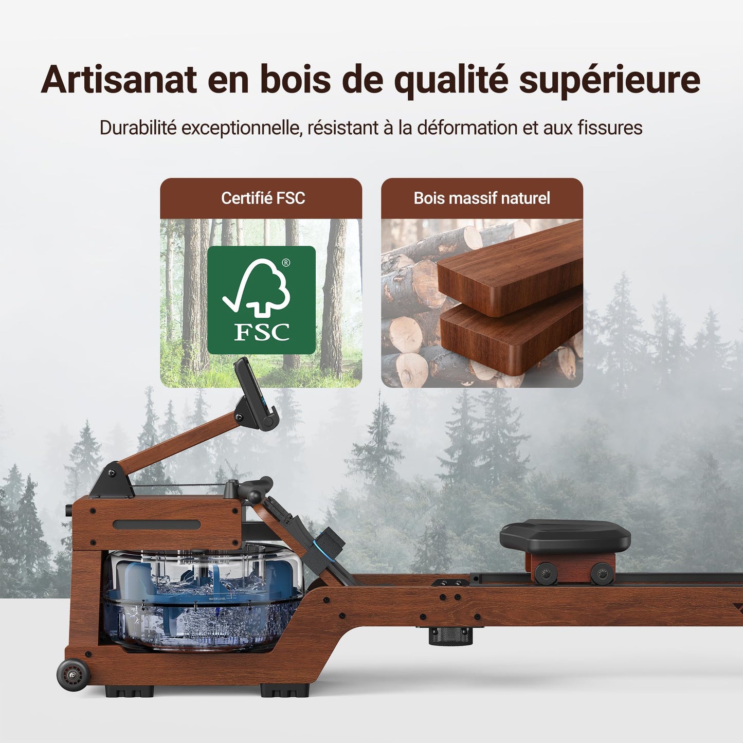 MERACH Rameur d'eau en Bois Pliable, Rameur d'appartement avec Matériau d'arbre en Caoutchouc et Siège Confortable, avec Une APP Exclusive avec Jeu Interactif, Expérience d'aviron Immersive