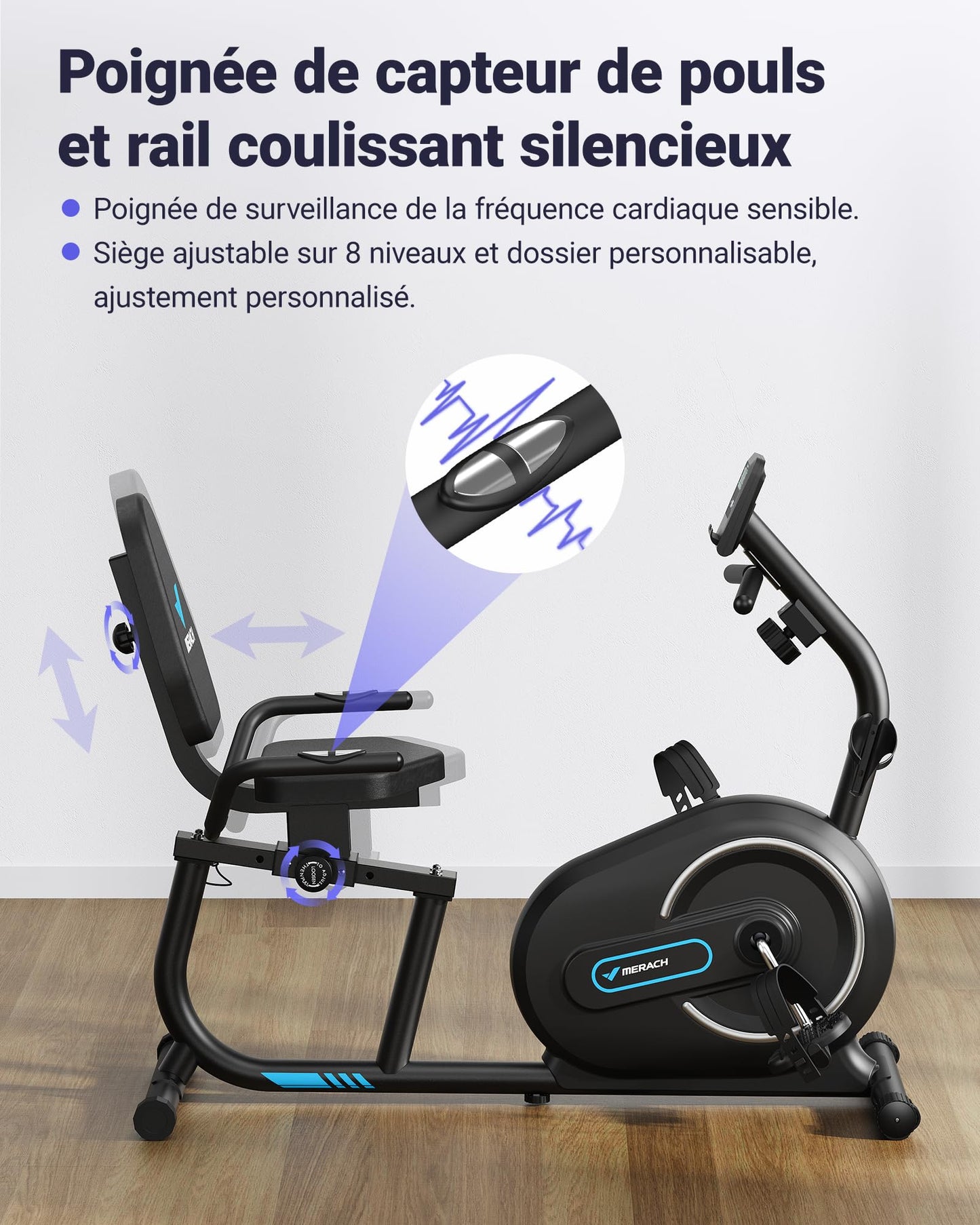MERACH Vélo d'Appartement, Vélo Couché Magnétique avec 8 Niveaux de Résistance Réglables, Vélo de Fitness avec Écran LCD, Poignées de Fréquence Cardiaque, Capacité de Charge de 136 kg