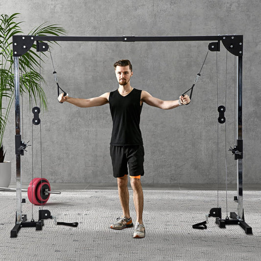Station de musculation double poulie cable crossover vis à vis, charge libre avec poids 2 x 50kg - dim. 245L x 85l x 207H cm
